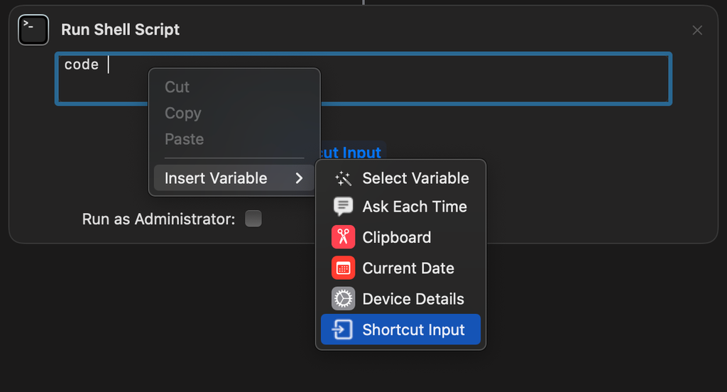 Shortcut Input tag showing File Path selection